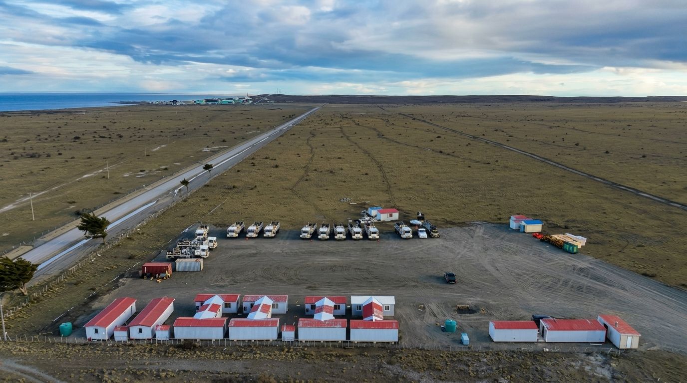 Módulos habitacionales y flota de camiones en el campamento
