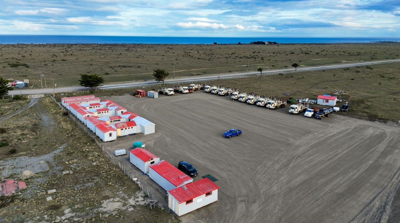 Camiones de alto tonelaje estacionados en la cancha del campamento