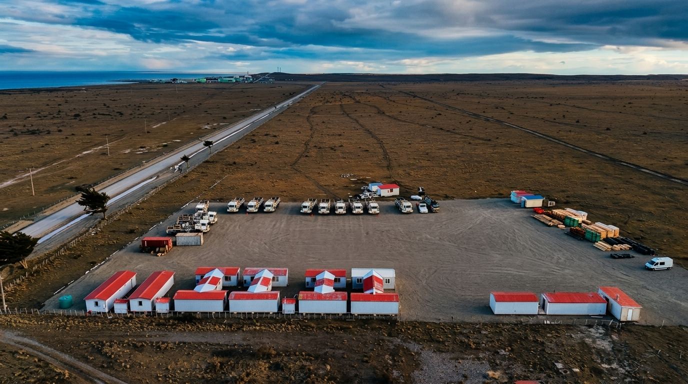 Vista aérea del campamento, la cancha y la ruta junto al Estrecho de Magallanes